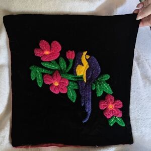 Antique Handsewn Birds and Floral Embroidered Pillow Case 1915